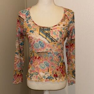 Josie Natori Semi Sheer Long Sleeve Floral Top